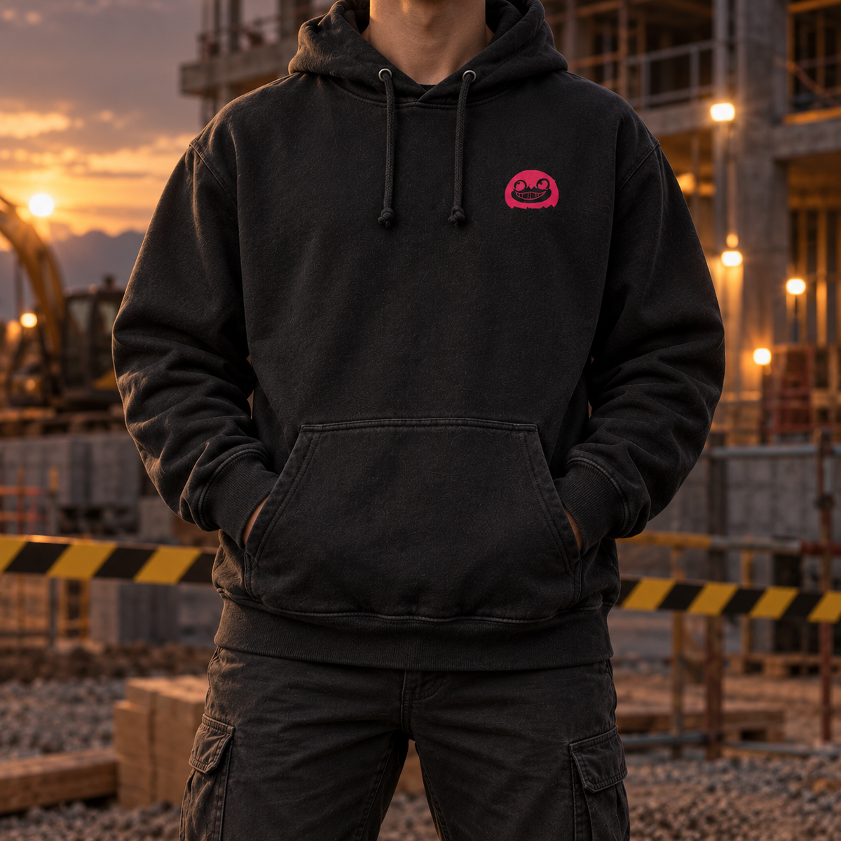 Jarrowin Hoodie worn, front with pink logo