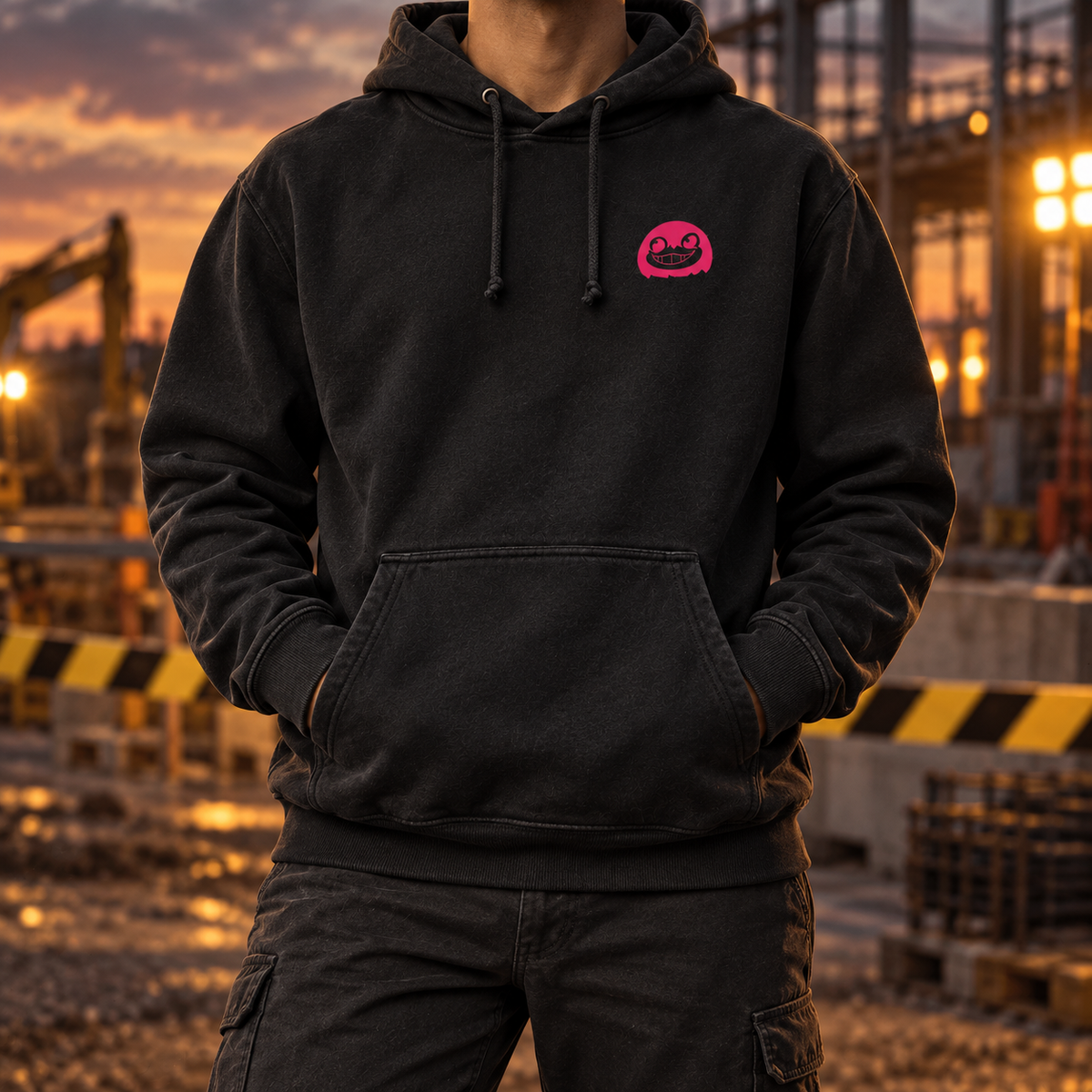 Jarrowin Hoodie Zilvy worn, front with pink logo